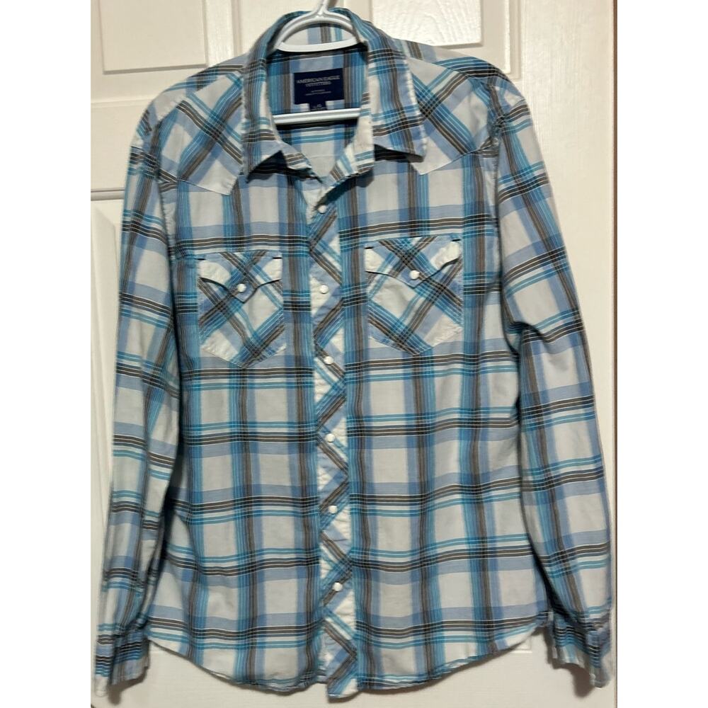 American Eagle Outfitters Blue Gray Plaid Long Sleeve Pearl Snap Button Front L